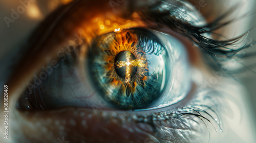 Macro shot of a holy person eye seeing a Christian cross in iris representing the belief and religiosity © Keitma