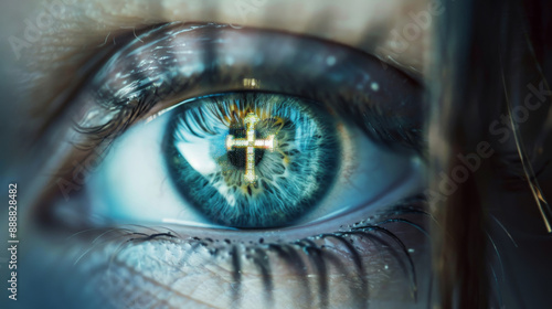 Macro shot of a holy person eye seeing a Christian cross in iris representing the belief and religiosity