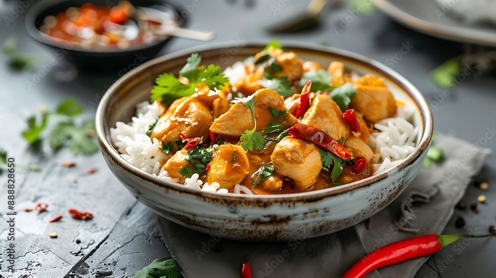 Delicious bowl of chicken curry served with rice on a warm surface