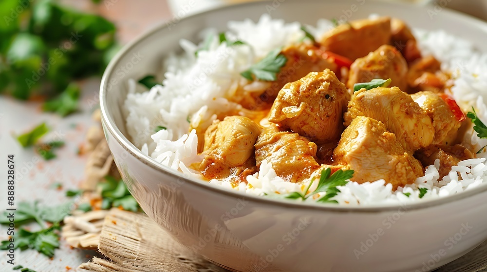 Delicious bowl of chicken curry served with rice on a warm surface Delicious bowl of chicken curry served with rice on a warm surface