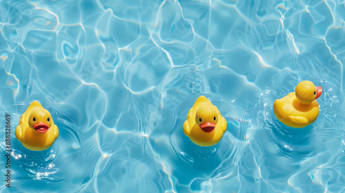 a few yellow rubber duckies laid out beautifully for top down photo, blue watery background	 photo