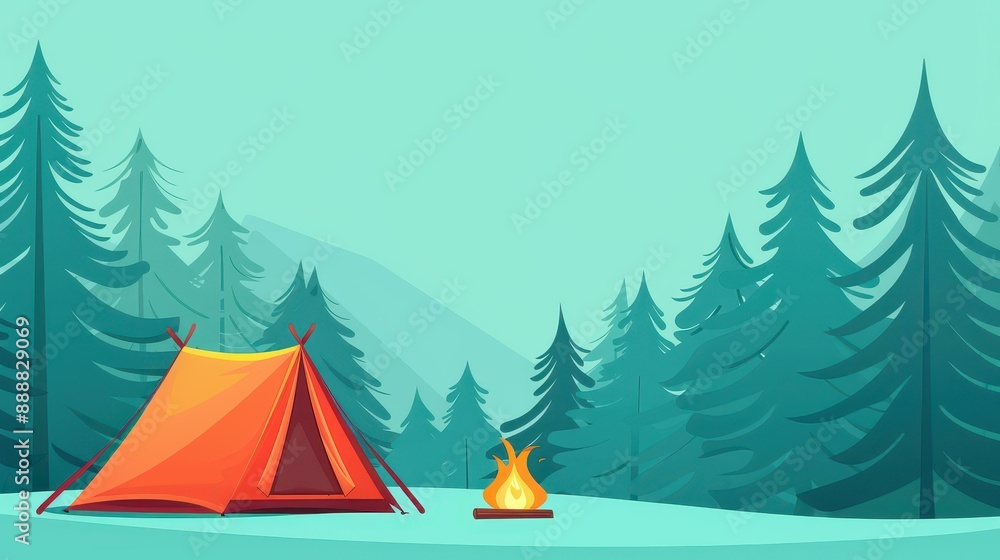 Joyful cartoon of tent and campfire in woods on light green backdrop, capturing the essence of camping fun. Joyful cartoon of tent and campfire in woods on light green backdrop, capturing the essence of camping fun.