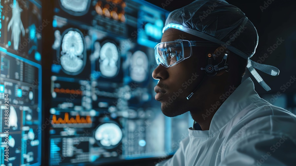 A scientist in a lab coat and protective gear examines data on a large screen. The image depicts the future of medicine and technology. A scientist in a lab coat and protective gear examines data on a large screen. The image depicts the future of medicine and technology.