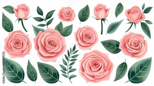 Vintage watercolor elements of pink roses and garden flowers on a white background. Flat handdrawn illustration.