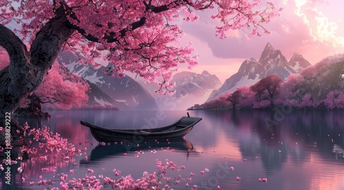 Tranquil Lake in Full Bloom with Boat and Blossoms photo