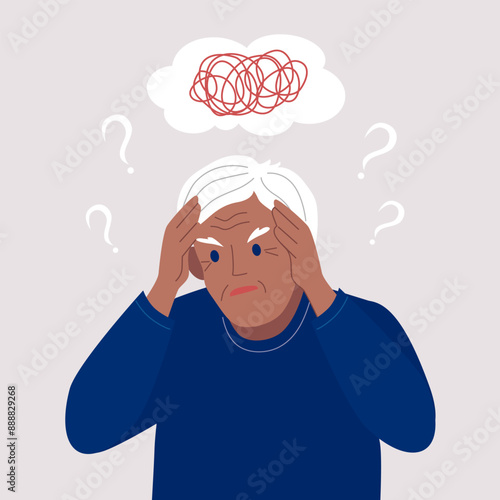 Black Old man suffer from dementia loss memory. Senior male struggle with Alzheimer disease. Flat vector illustration. 