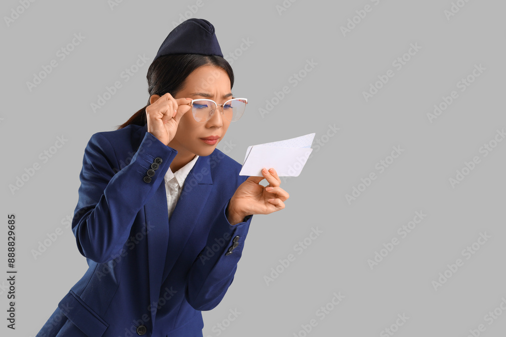 Young Asian stewardess with boarding cards on grey background Young Asian stewardess with boarding cards on grey background