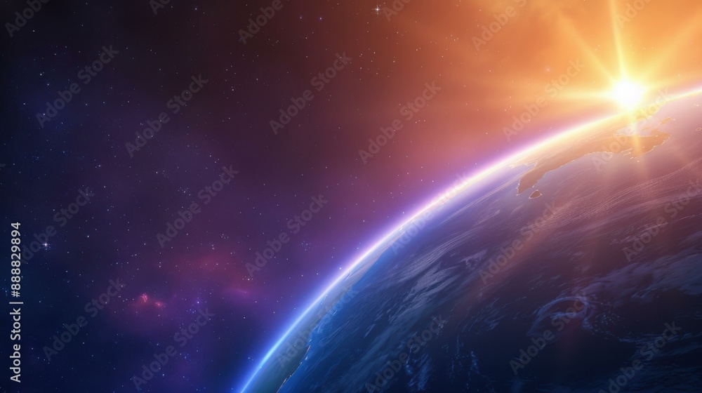 Stunning Earth view from space with sunbeams on a starry sky, symbolizing exploration and discovery. Stunning Earth view from space with sunbeams on a starry sky, symbolizing exploration and discovery.