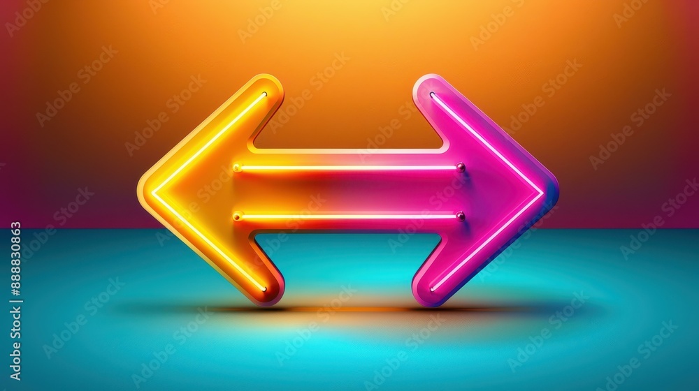 Vibrant K illustration of an abstract neon arrow icon, glowing brightly in the dark. Vibrant K illustration of an abstract neon arrow icon, glowing brightly in the dark.