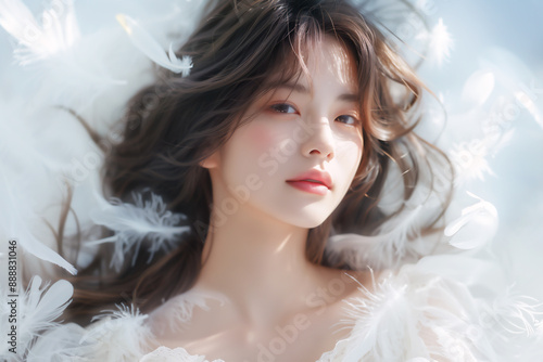 白い羽が舞う黒髪の美しい女性