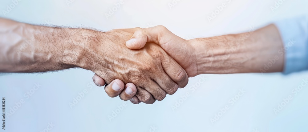 Fototapeta premium A tight shot of two individuals shaking hands against a blue backdrop One person grasps the other's hand firmly