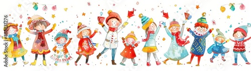 Cheerful children in festive winter attire dancing and celebrating. Colorful and joyful illustration perfect for holiday and winter themed projects.