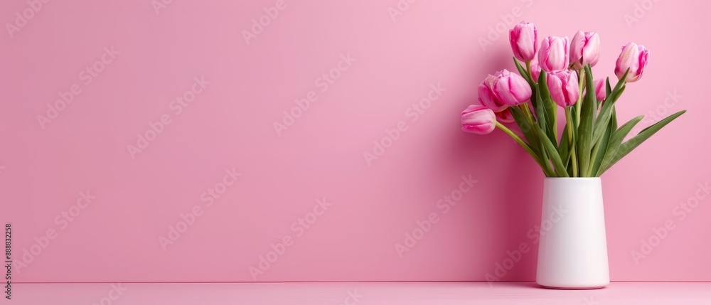 A white vase, brimming with pink tulips, sits atop a pink surface Behind it, a pink wall serves as the backdrop A white vase, brimming with pink tulips, sits atop a pink surface Behind it, a pink wall serves as the backdrop