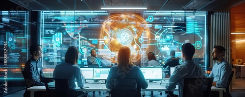 Fintech innovation hub, digital hologram collaboration, hightech office