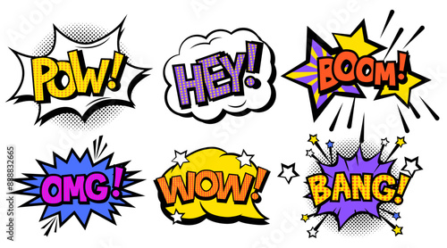 Set of colorful pop art inscriptions in the cartoon style.Vector illustration of vintage speech bubbles of different shapes in pop art style:pow,hey,boom,omg,wow, bang isolated on white background.