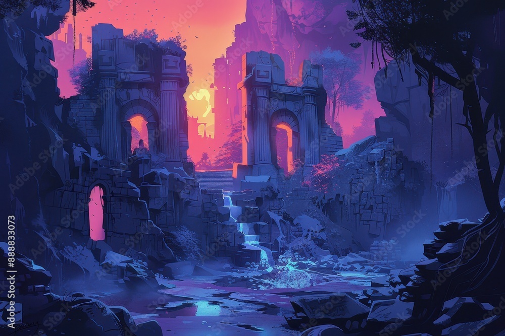 Ancient ruins in a surreal dreamscape with vibrant colors and a tranquil river Ancient ruins in a surreal dreamscape with vibrant colors and a tranquil river