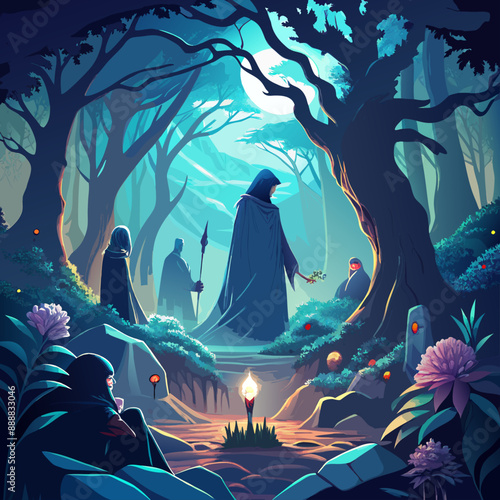 Depict a mystical forest where a death scene unfolds amidst enchanted creatures. Emphasize the ethereal beauty of the surroundings, blending sorrow with the enchantment of the forest.1