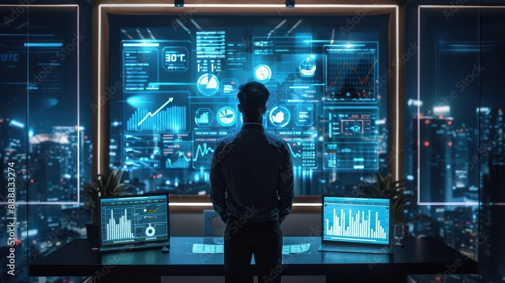 Holographic financial forecasting, futuristic fintech innovation, modern office Holographic financial forecasting, futuristic fintech innovation, modern office