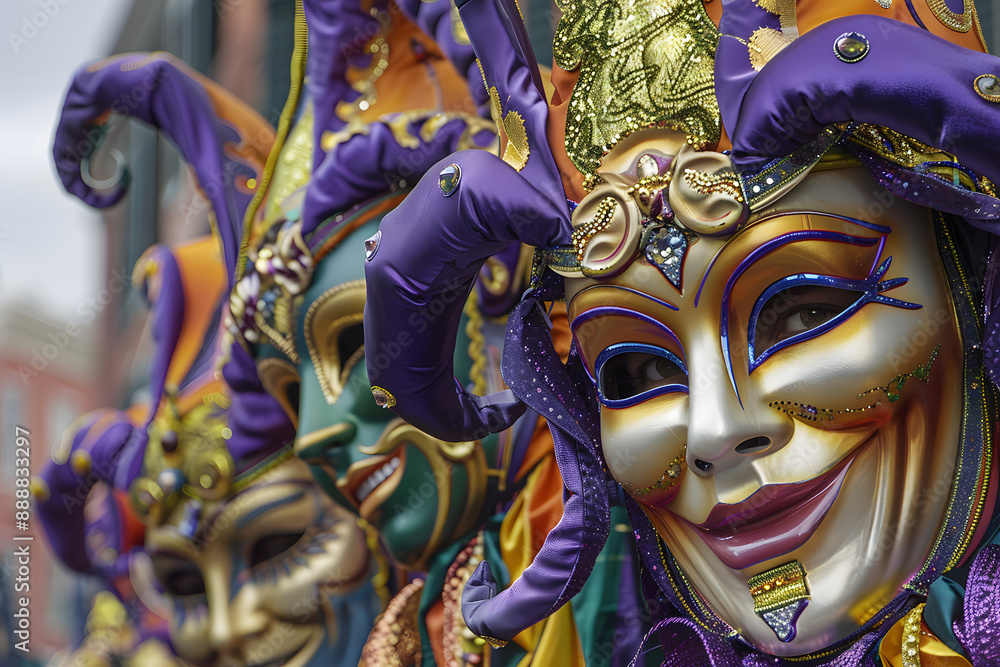 Naklejka premium Mardi Gras Carnival in New Orleans. The Krewes, brotherhoods, are a very important part. They are the ones in charge of organizing the parades, floats, uniforms and dances on the big day.