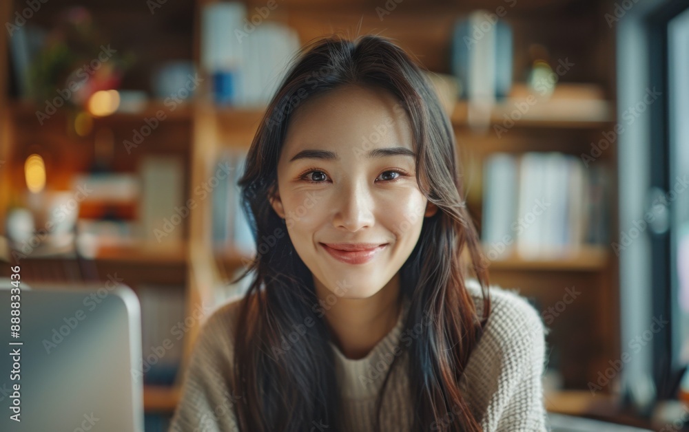 A woman with long hair is smiling at the camera. She is sitting in front of a bookshelf with many books A woman with long hair is smiling at the camera. She is sitting in front of a bookshelf with many books