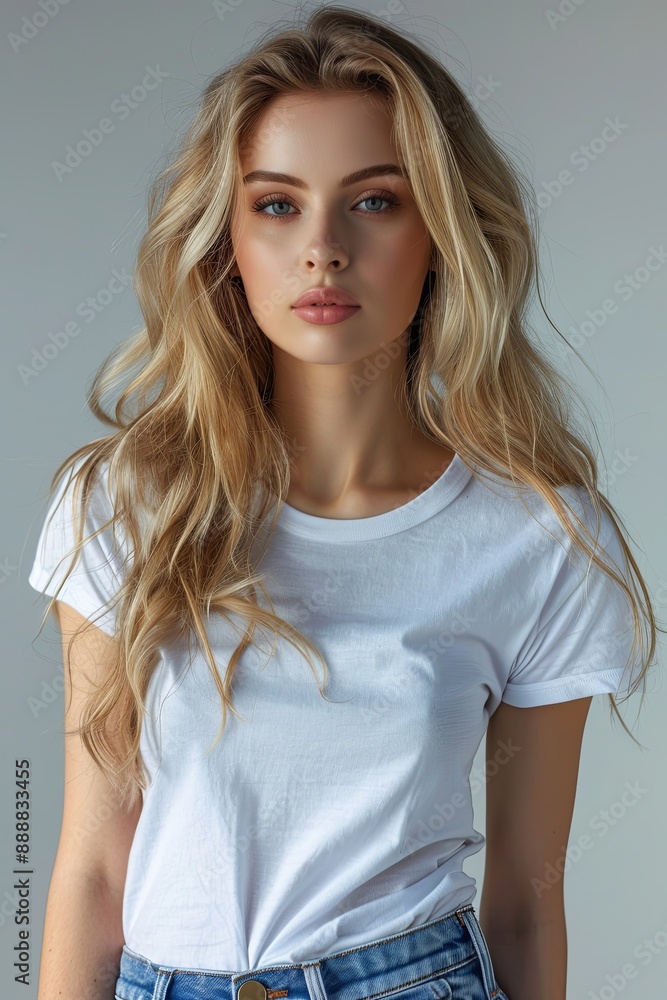 White tshirt mockup on woman model created with Generative AI White tshirt mockup on woman model created with Generative AI
