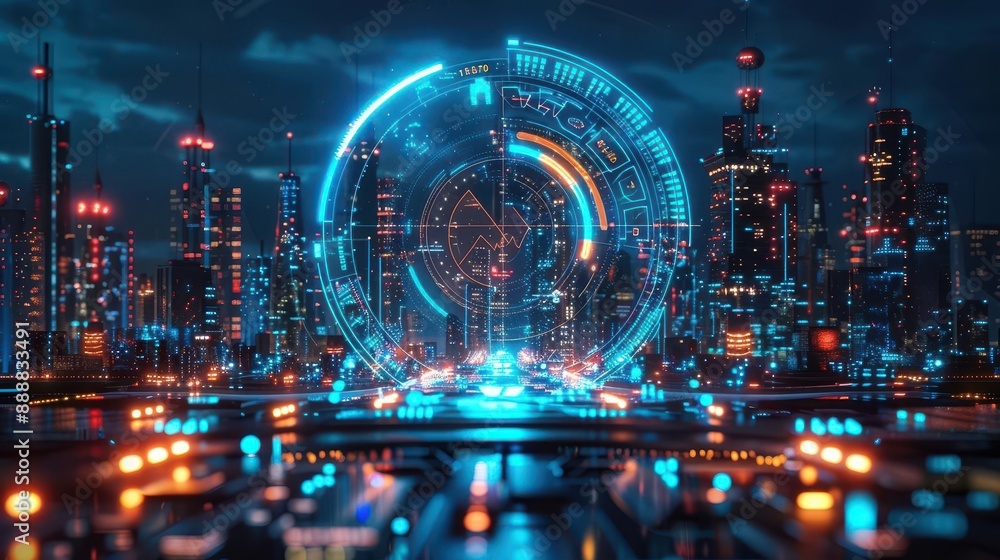 Fototapeta premium Holographic investment dashboard, futuristic cityscape, fintech innovation