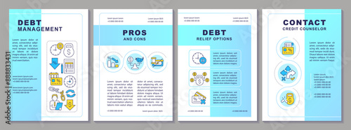Pros and cons of debt management brochure template. Leaflet design with linear icons. Editable 4 vector layouts for presentation, annual reports. Arial-Black, Myriad Pro-Regular fonts used