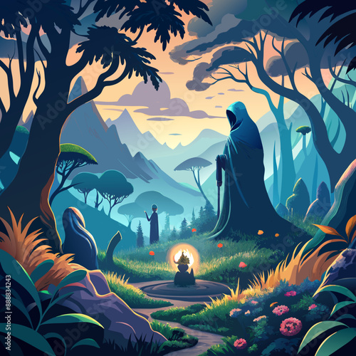 Depict a mystical forest where a death scene unfolds amidst enchanted creatures. Emphasize the ethereal beauty of the surroundings, blending sorrow with the enchantment of the forest..svg