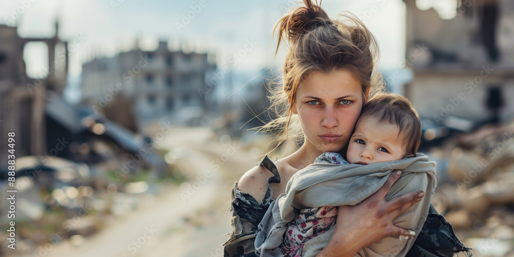 Obraz premium Portrait of serious woman holding a newborn baby in a war environment