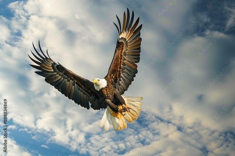 Obraz premium Majestic eagle soaring high in the sky, very beautiful nature snapshot with eagle wings wide open and blue sky, perfect for wildlife lovers, nature and bird watchers. Generative AI
