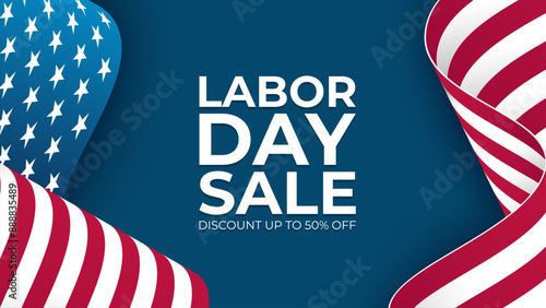 Labor Day Sale. United States Labor Day commercial banner with waving American flag. Blue background. Vector illustration.