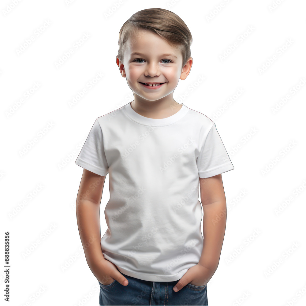Happy child boy wearing bella canvas white shirt mockup on transparent background Happy child boy wearing bella canvas white shirt mockup on transparent background