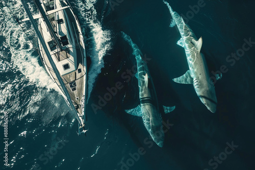 Natural habitat, dangerous and power of marine life under the deep blue sea marine life conept. Shark swims near a sailboat, showcasing the power of the ocean's predator
 photo