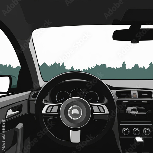 View from the driver's seat of a car through the windshield, steering wheel, trip computer, gauges. Minimalistic illustration in flat art style on the theme of transportation and travel