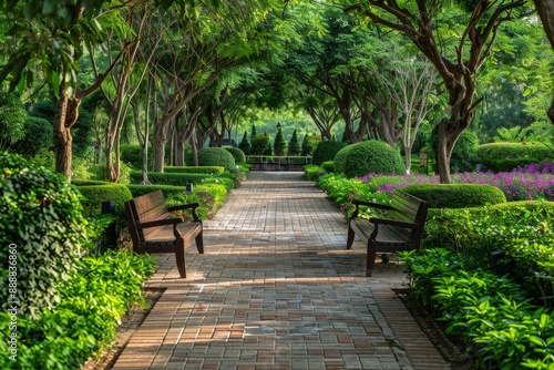 a walkway lined with trees and bushes next to a park