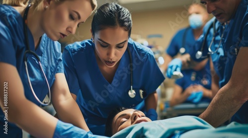 A medical team performing CPR on a patient in an emergency room, demonstrating critical care skills