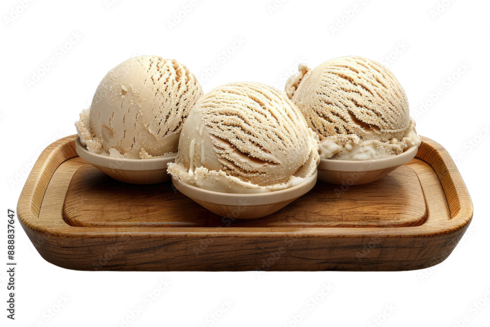Fototapeta premium Azelnut ice cream on a wooden tray isolated on transparent background