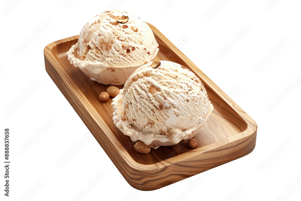 Azelnut ice cream on a wooden tray isolated on transparent background Azelnut ice cream on a wooden tray isolated on transparent background