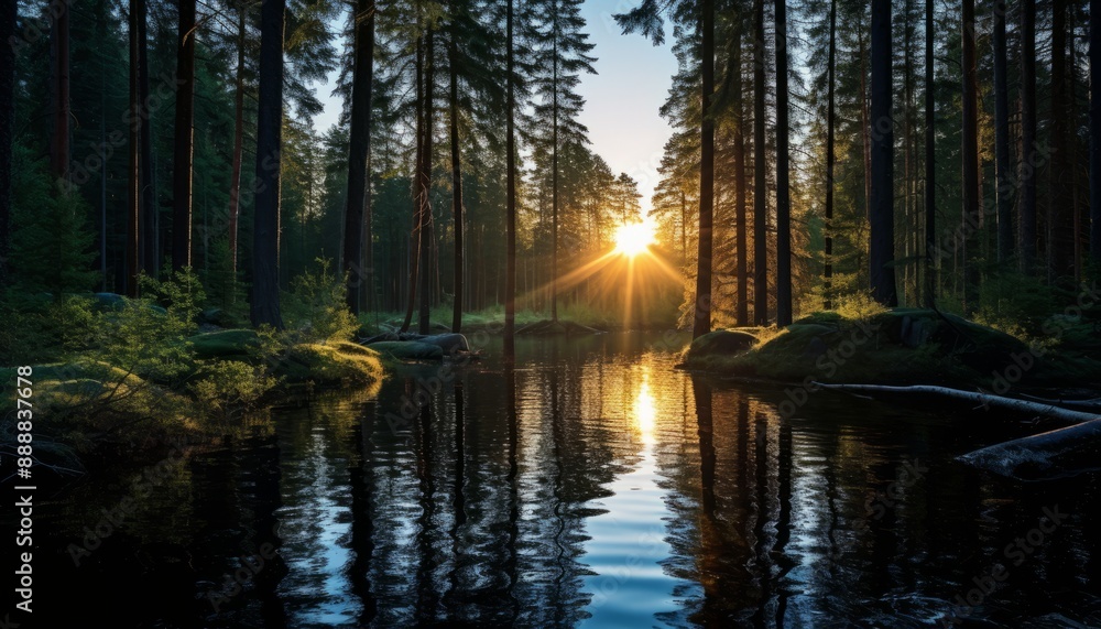 Obraz premium Midnight sun in Swedish forest with lake, blue light. Forest and river on my journey