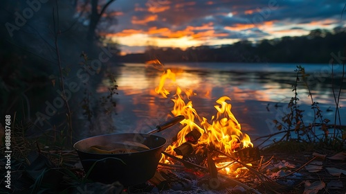 Wallpaper Mural Fishing and cooking over a bonfire burner pot on the river of fire see the fire Torontodigital.ca