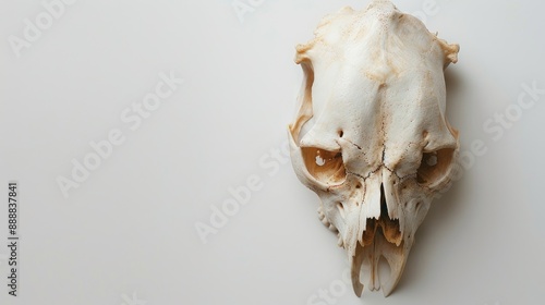 Dog skull photograph on white background with bone details and copy space photo