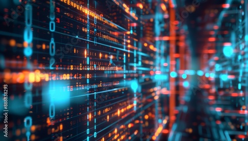 Wallpaper Mural Glowing orange and blue circuit board with binary code data flowing across the surface Torontodigital.ca