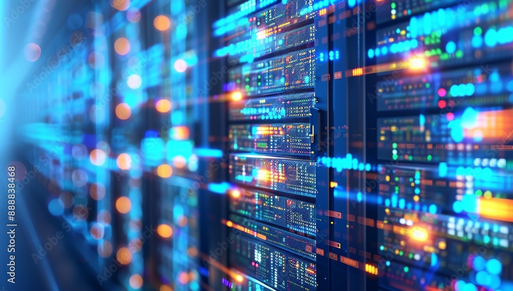 Naklejka premium Glowing Server Racks with Blue Light Effects in a Data Center