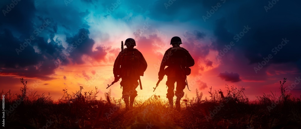 Fototapeta premium Two soldiers, silhouetted against the sunset, stand in a field