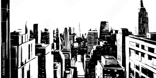 Vector black white cityscape skyline sketch aerial city.