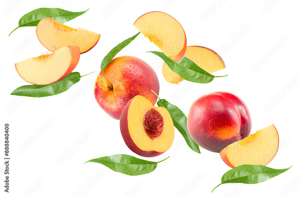 Naklejka premium flying peach fruit with green leaf isolated on white background. clipping path