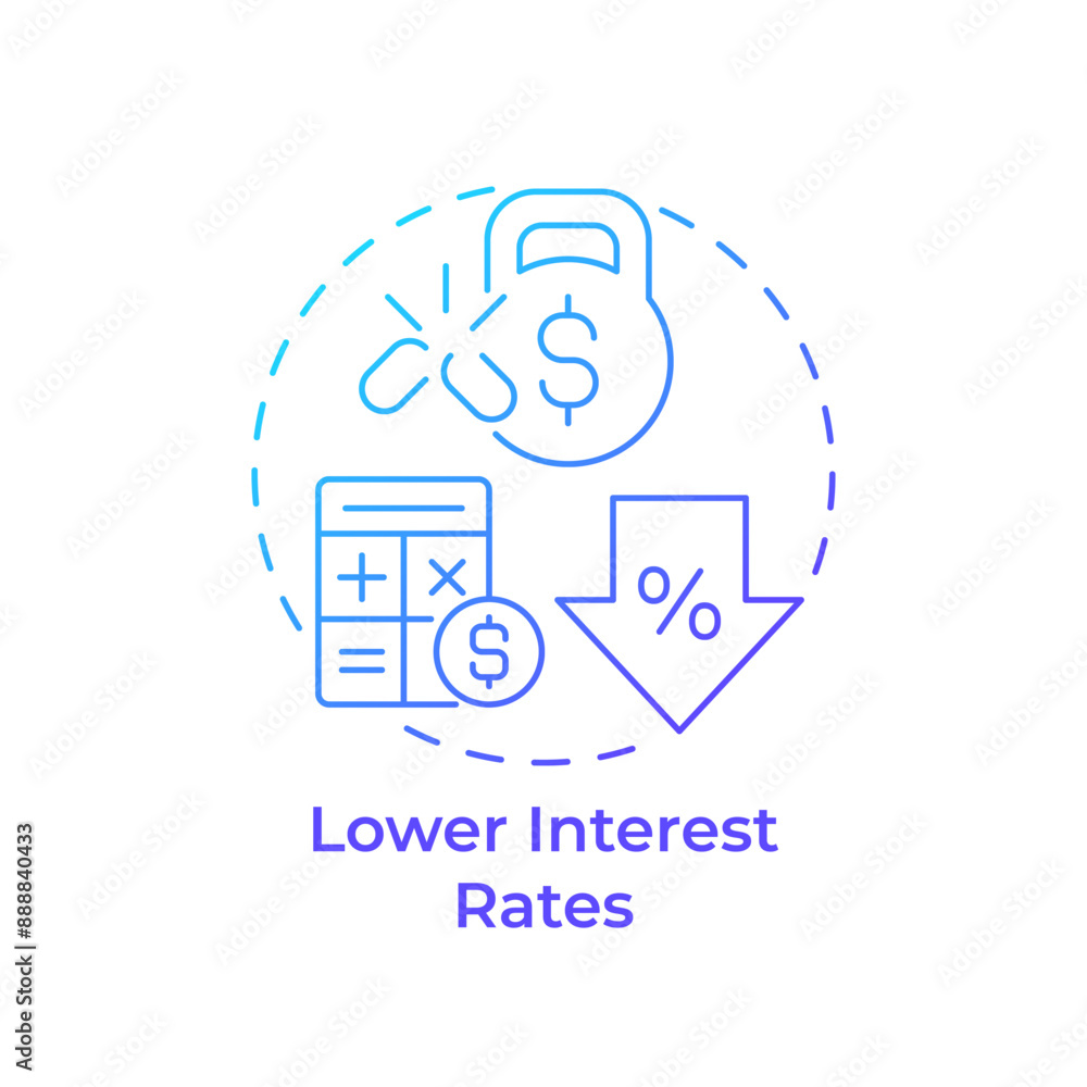 Lower interest rates blue gradient concept icon. Debt relief solution, expenditure. Round shape line illustration. Abstract idea. Graphic design. Easy to use in infographic, presentation Lower interest rates blue gradient concept icon. Debt relief solution, expenditure. Round shape line illustration. Abstract idea. Graphic design. Easy to use in infographic, presentation