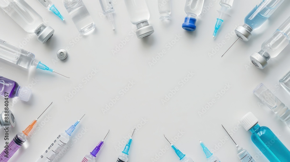 Medical syringes and vials for injection rotate on the table on a white background. Medical syringes and vials for injection rotate on the table on a white background.