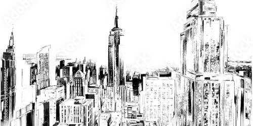 Vector art black and white skyline aerial view at dusk.