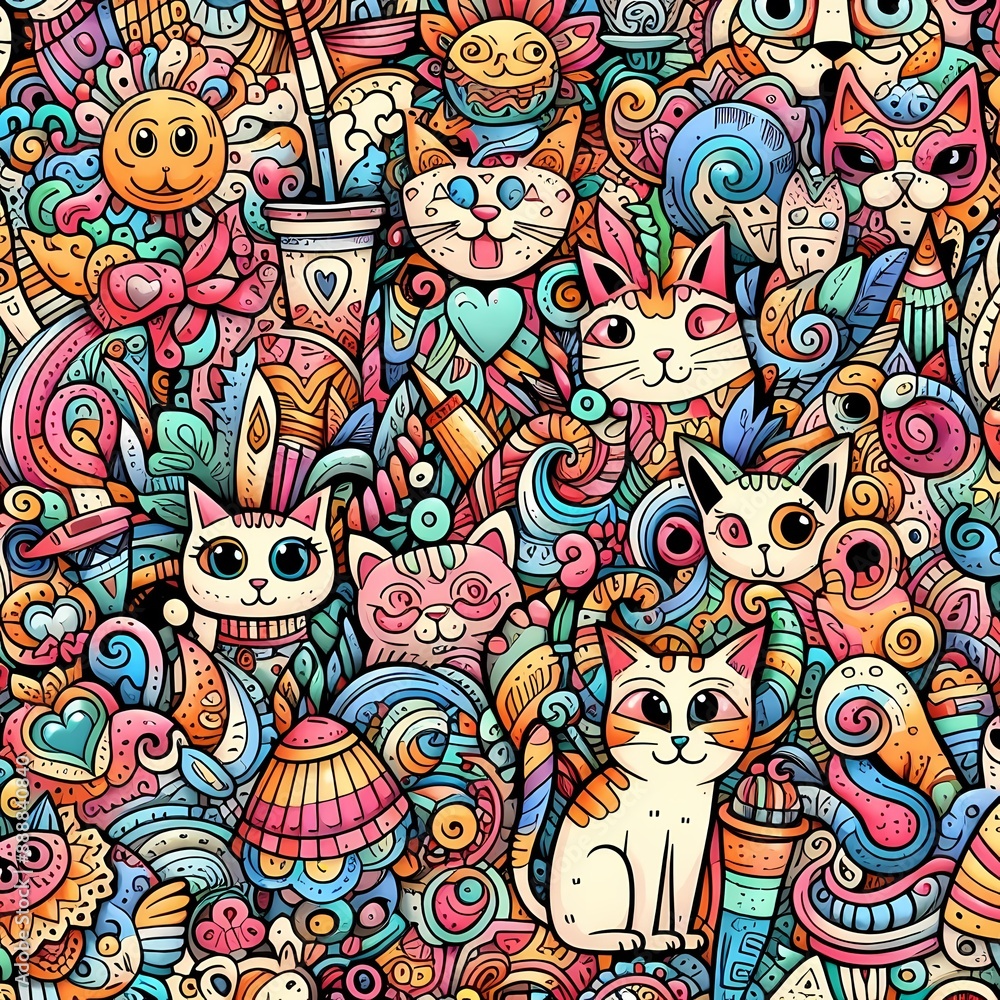 Cat Doodle Art Cartoon. Various cats with expressive faces in a crowded pattern Cat Doodle Art Cartoon. Various cats with expressive faces in a crowded pattern